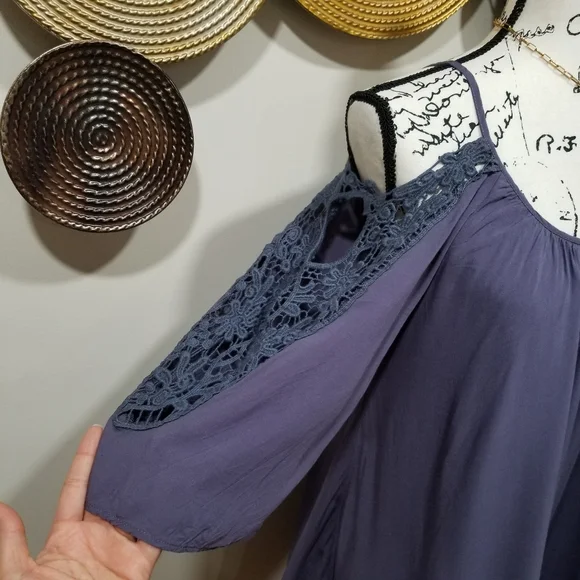 Strappy Midi Boho  Dress with Shoulders Down, Very Light Dark Blue Color, SIZE L - Picture 5 of 17